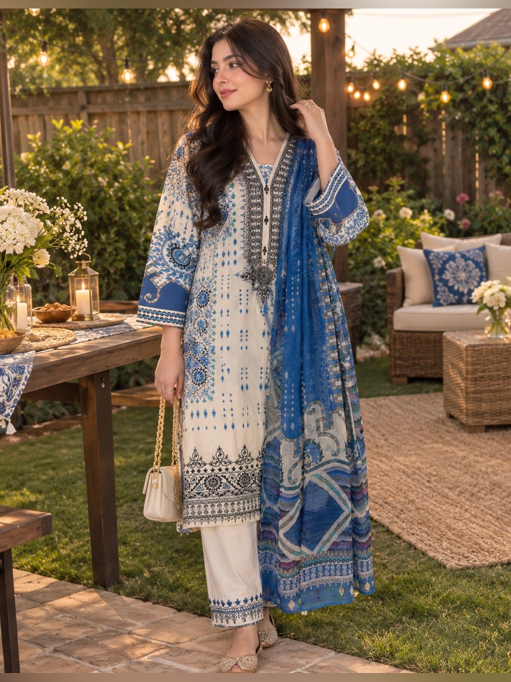 Sapphire Blue & Cream Printed Kurta Set with Chiffon Dupatta